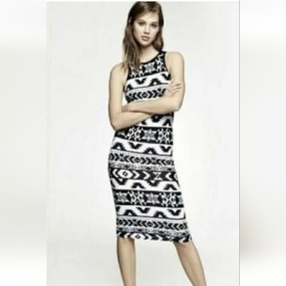 Express Aztec Southwest Print Bodycon Midi Dress Black White XS NWOT